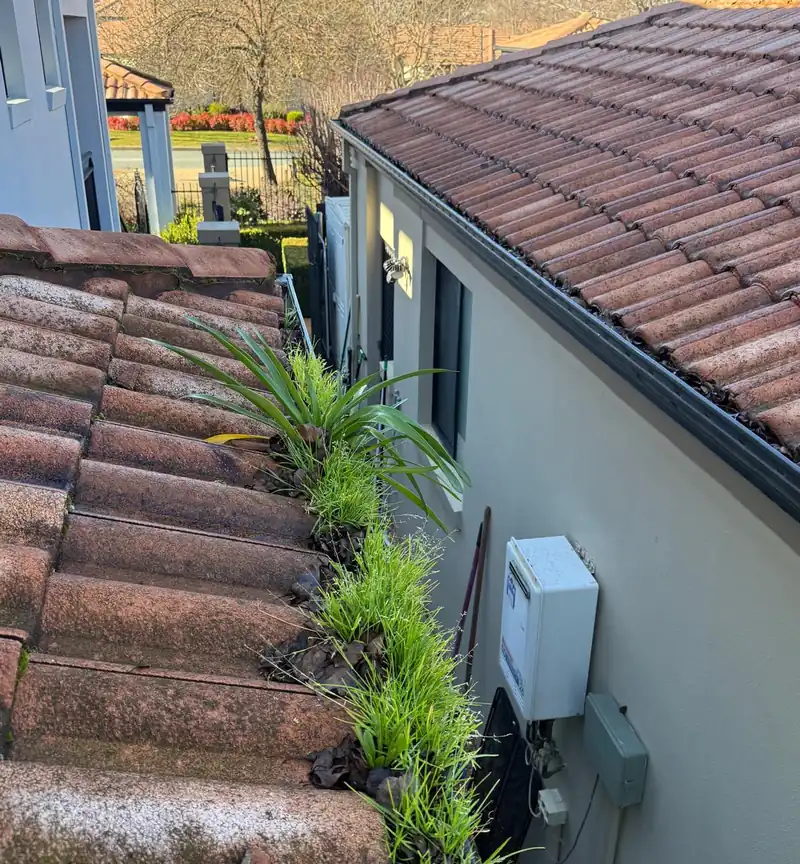 Residential roofline showing the gutter and connected downpipe