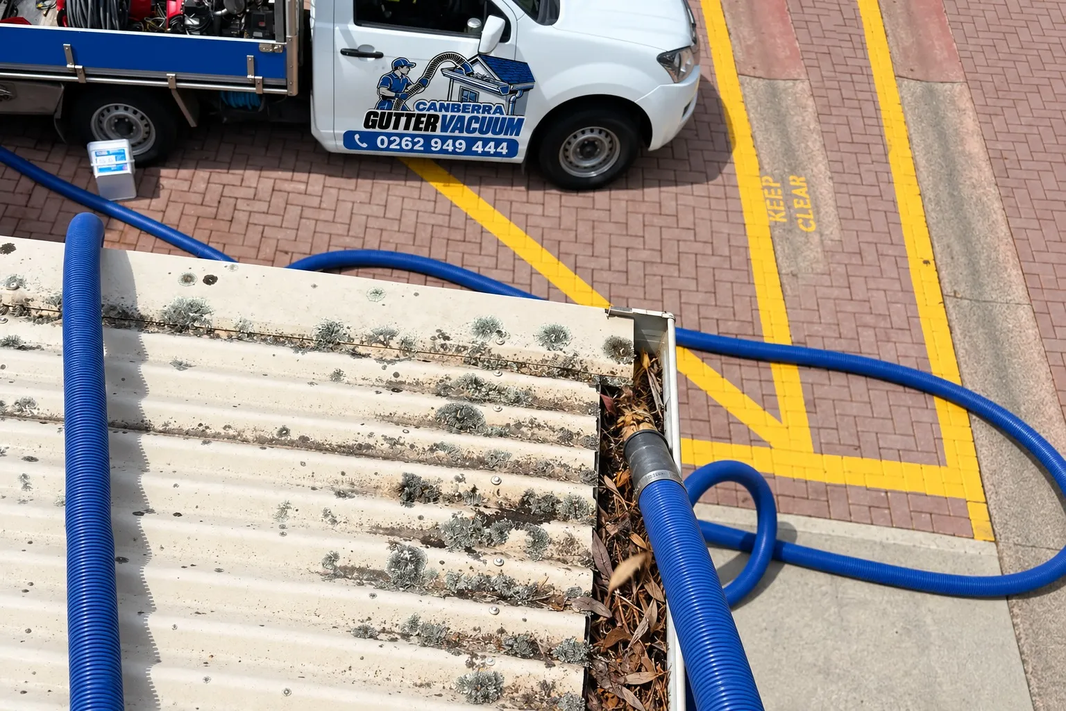 Canberra Gutter Vacuum vehicle and gutter vacuum hoses set up beside a property